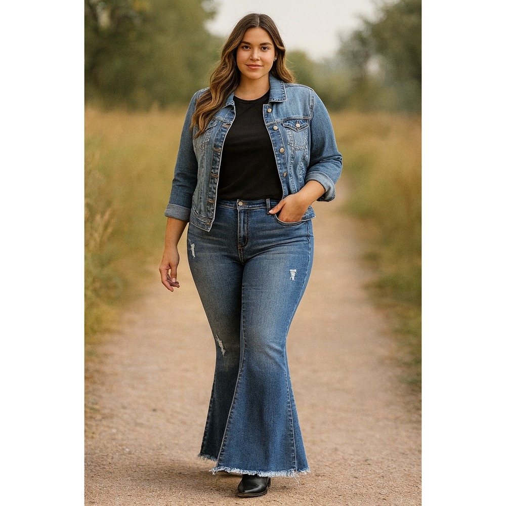 Home‎ Folk Women's Denim Flare Jeans Distressed Frayed Hem Size 18